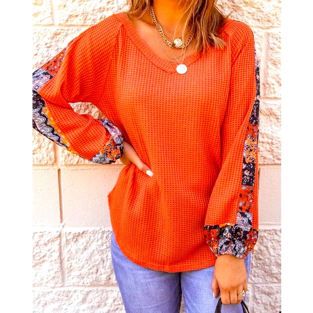 Orange Waffle Color-block Floral Long Sleeves Blouse